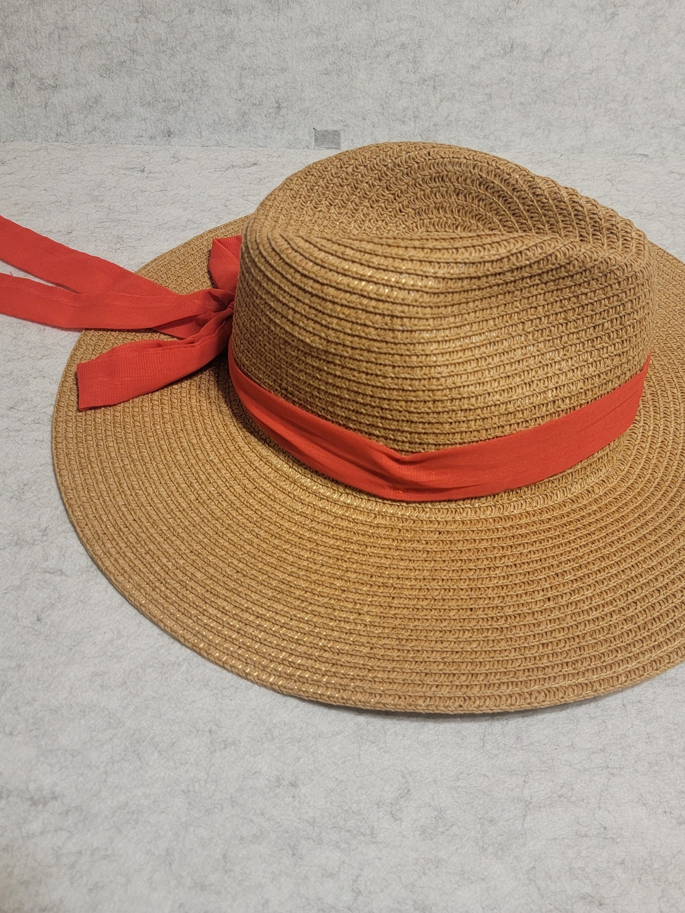 NWT Vince Camuto Wide Brim Straw Sun Hat Packable Coral Ribbon Bow - Picture 2 of 15